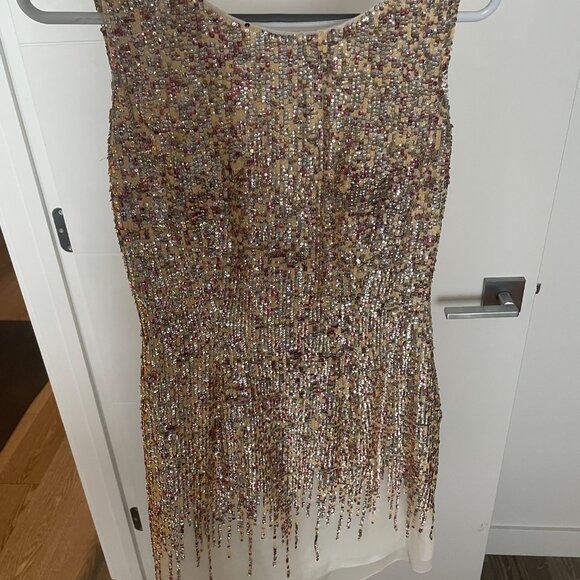 Terani Couture Silk Gold Sequined Cocktail Dress - Picture 3 of 6